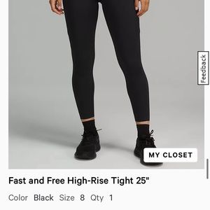 Lululemon 25” fast and free high rise leggings, black, size 8